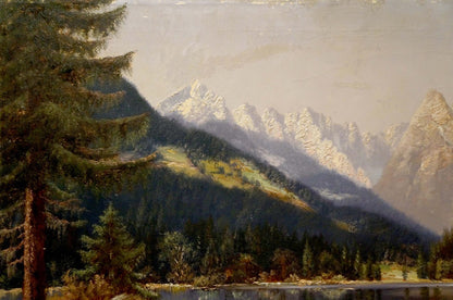 Oil painting Natural beauty by S. Mitterbiller: serene snowy mountains and lake