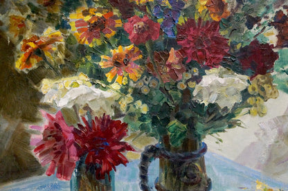 Vibrant impressionistic oil painting of colorful bouquet in rustic vases by Latunov Grigory Antonovich