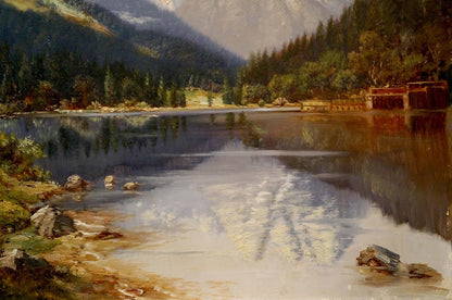 Serene oil painting of tranquil mountain lake by S. Mitterbiller