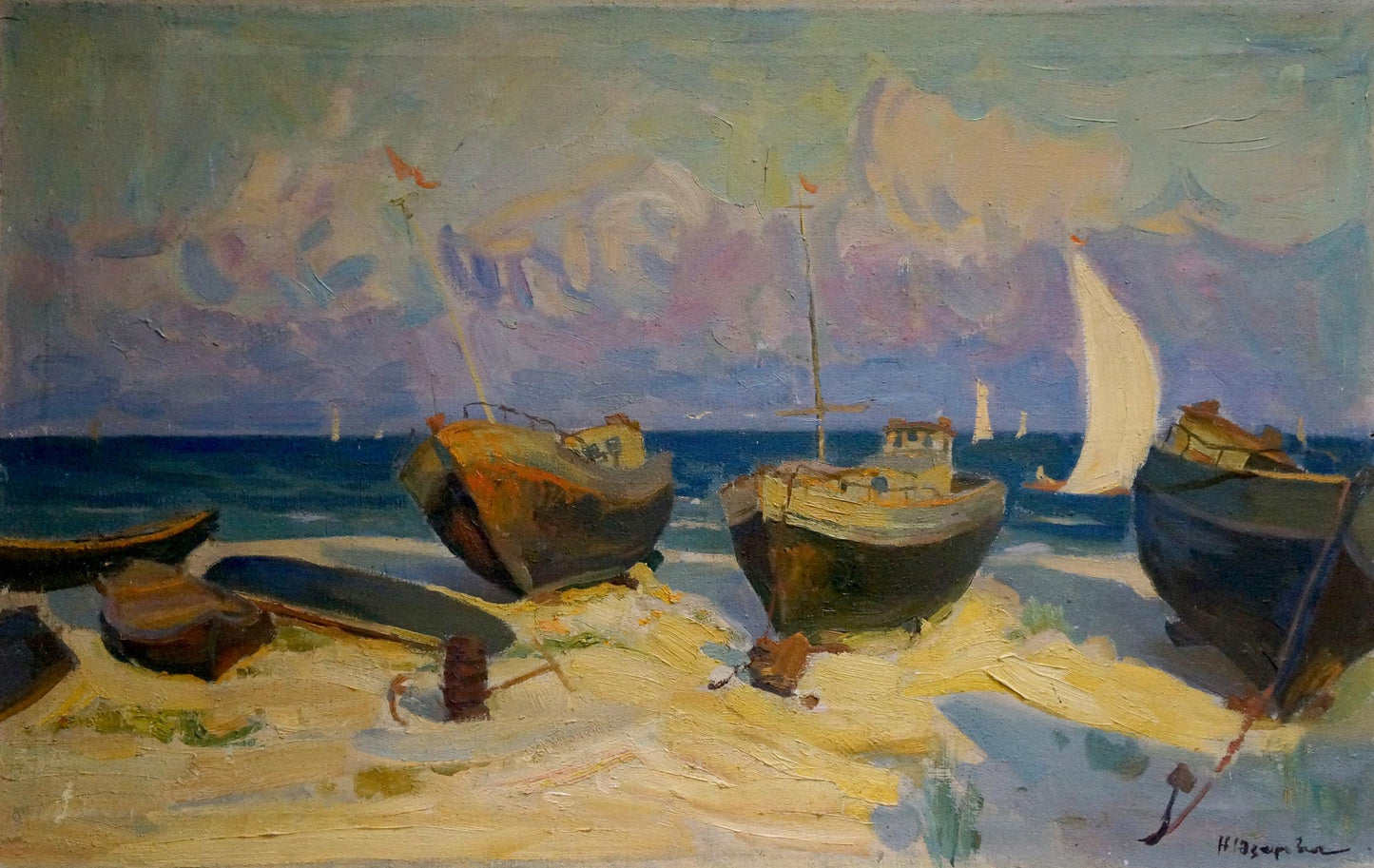 Oil painting Evening at sea by Natalya Vladimirovna Yuzefovich: weathered boats on shore