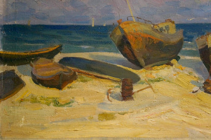 Oil painting Evening at sea by Natalya Vladimirovna Yuzefovich: weathered wooden fishing boat