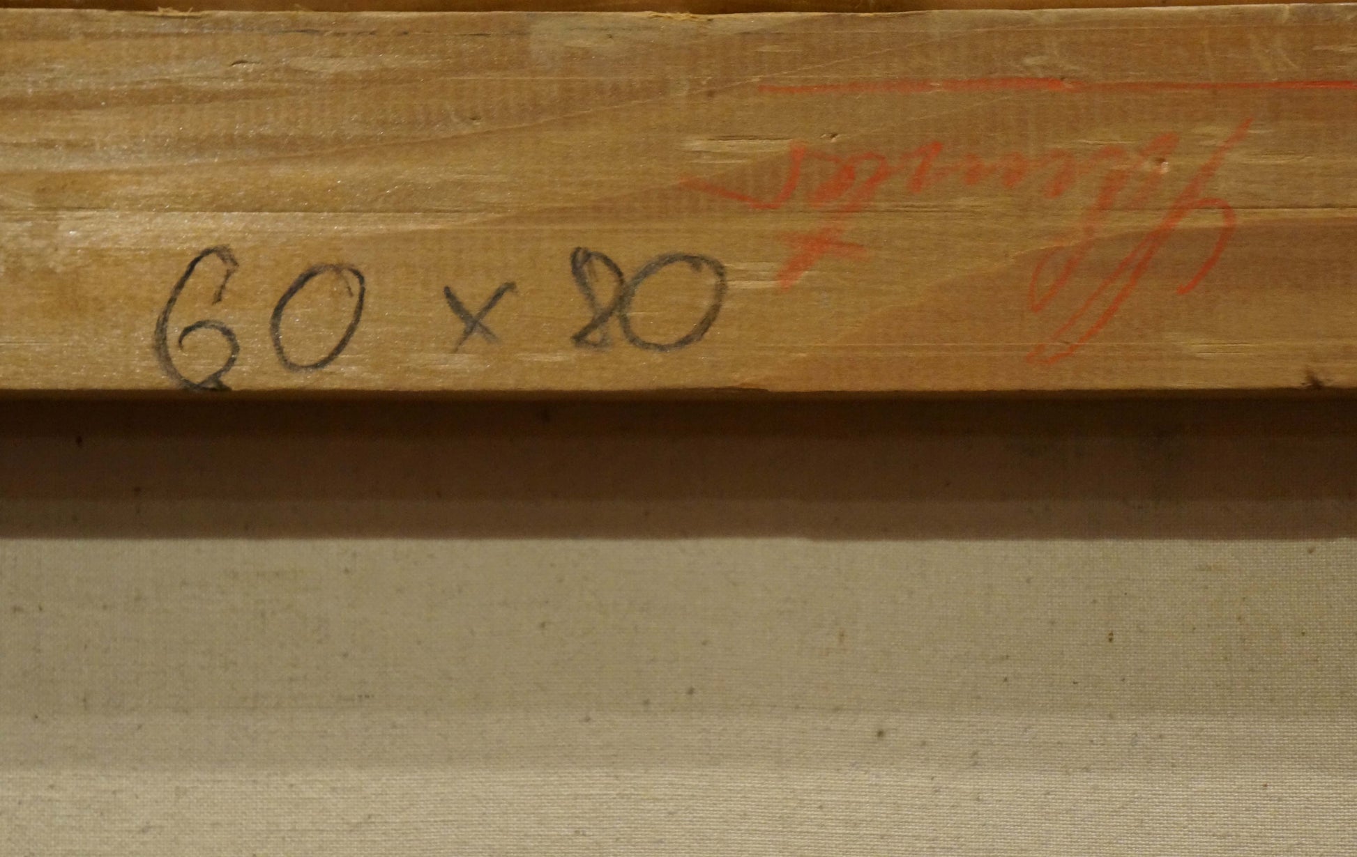 Back of oil painting Natural beauty S. Mitterbiller with light brown wooden beam, handwritten measurements and red markings