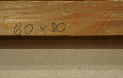 Back of oil painting Natural beauty S. Mitterbiller with light brown wooden beam, handwritten measurements and red markings