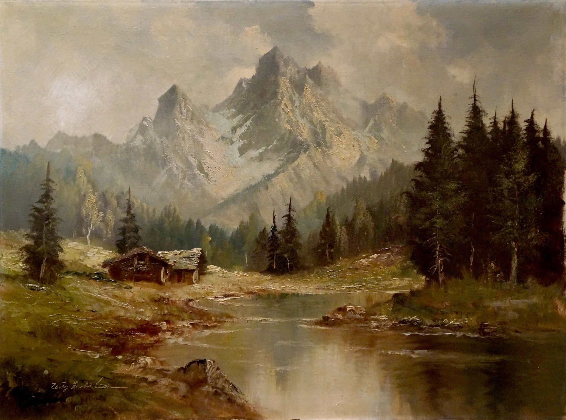 Oil painting of rustic cabin by hill, stream, evergreens, snowy mountains