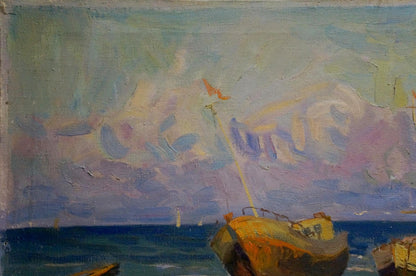 Oil painting Evening at Sea by Natalya Vladimirovna Yuzefovich, coastal boats