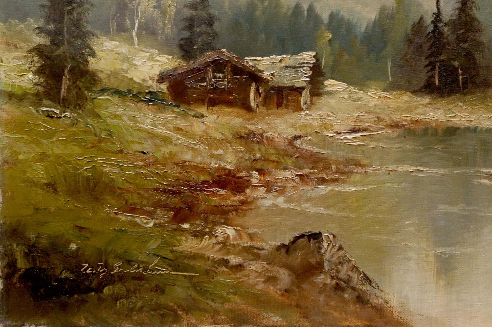 Oil painting of rustic house by the hill with cabin, trees, and calm water