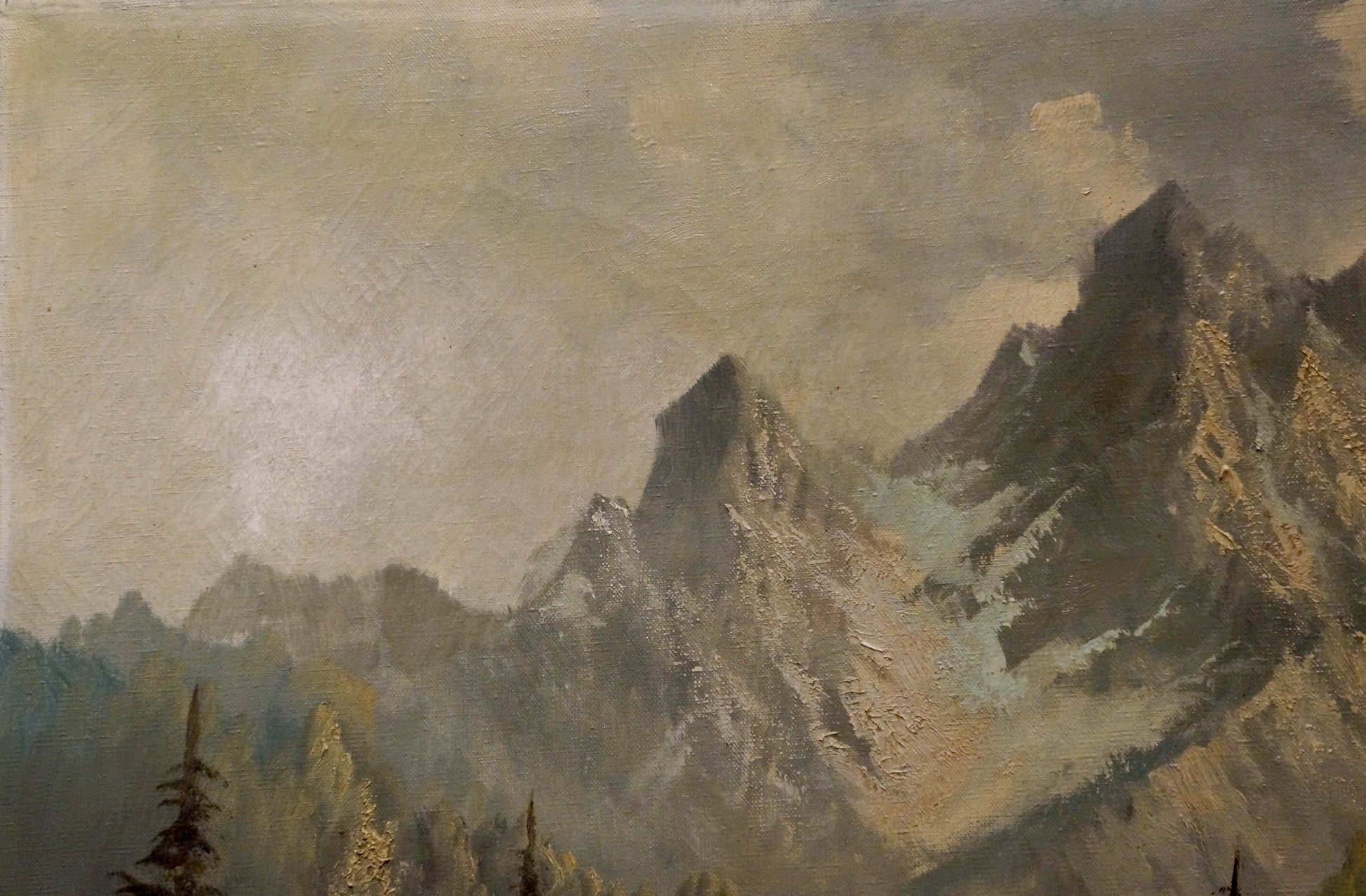Textured oil painting of rugged snow-dusted peaks and house by the hill