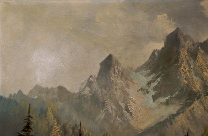 Textured oil painting of rugged snow-dusted peaks and house by the hill