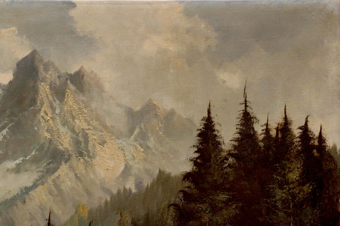 Oil painting House by the hill with dramatic snowy mountains and evergreens