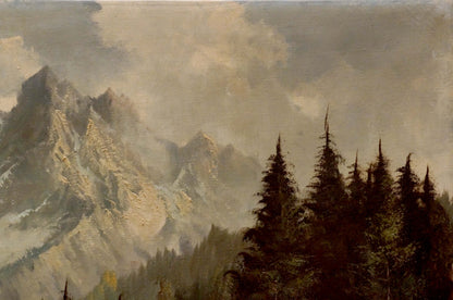 Oil painting House by the hill with dramatic snowy mountains and evergreens