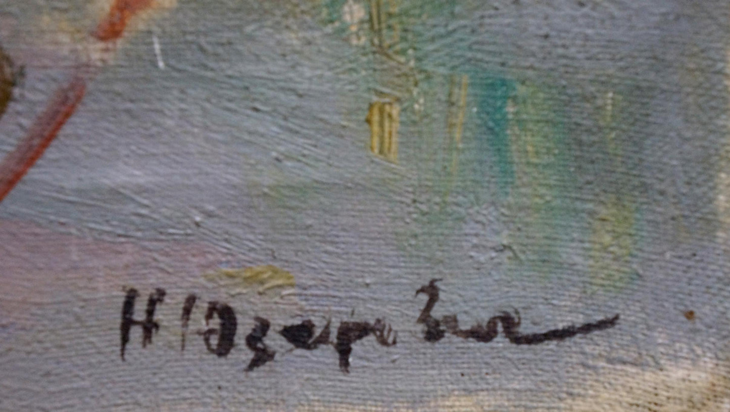 Back of Oil painting Evening at sea by Natalya Vladimirovna Yuzefovich with black cursive signature on textured canvas