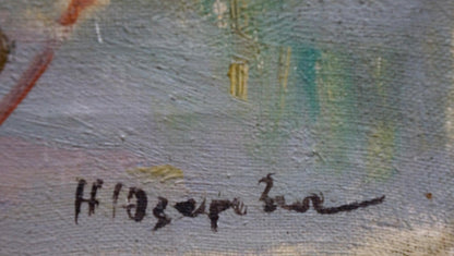 Back of Oil painting Evening at sea by Natalya Vladimirovna Yuzefovich with black cursive signature on textured canvas