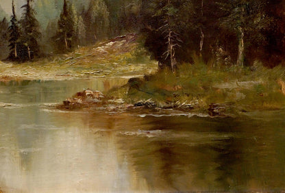 Serene impressionist oil painting of lake house by hill with evergreens
