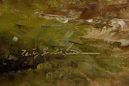 Textured impasto oil painting of House by the Hill in earthy greens and browns