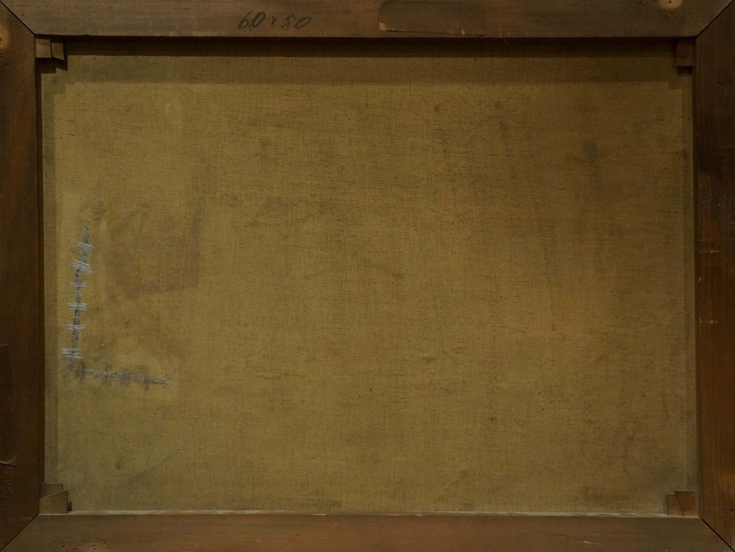 Back of Oil painting House by the hill with beige canvas and dark wood frame