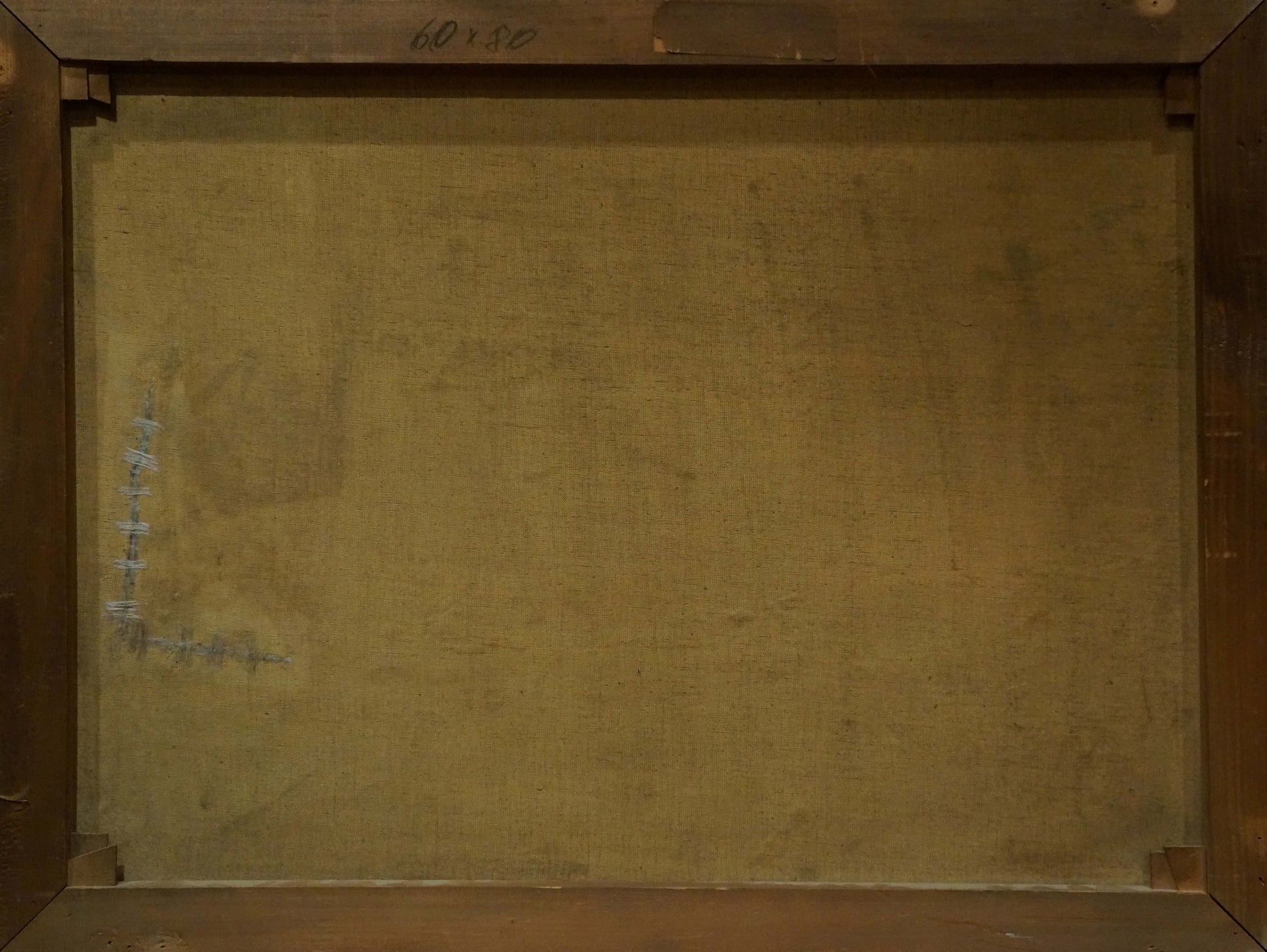Back of Oil painting House by the hill with beige canvas and dark wood frame