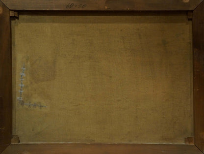 Back of Oil painting House by the hill with beige canvas and dark wood frame