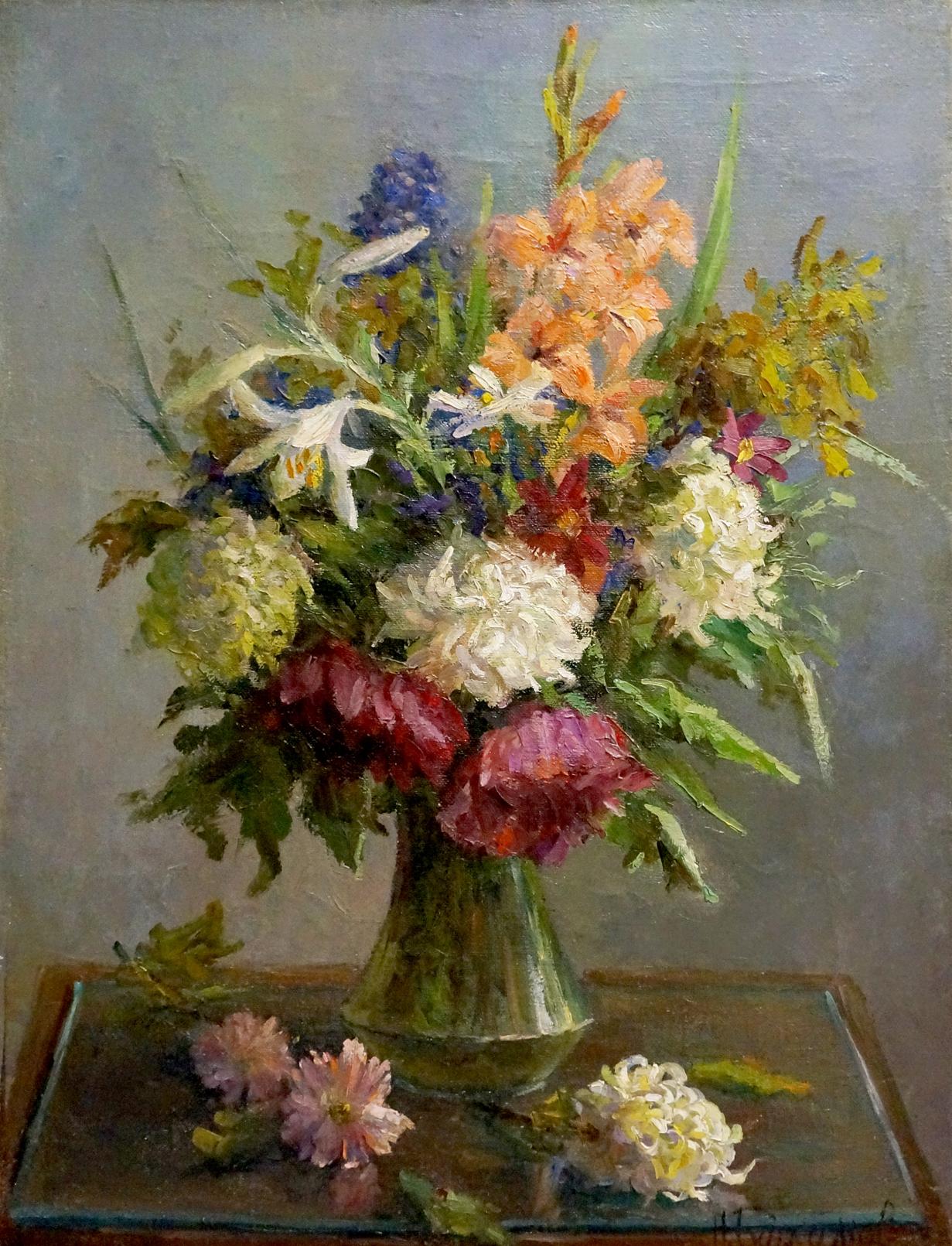 Oil painting of vibrant mixed-bloom flowers in green glass vase by Barsamov Nikolay Stepanovich