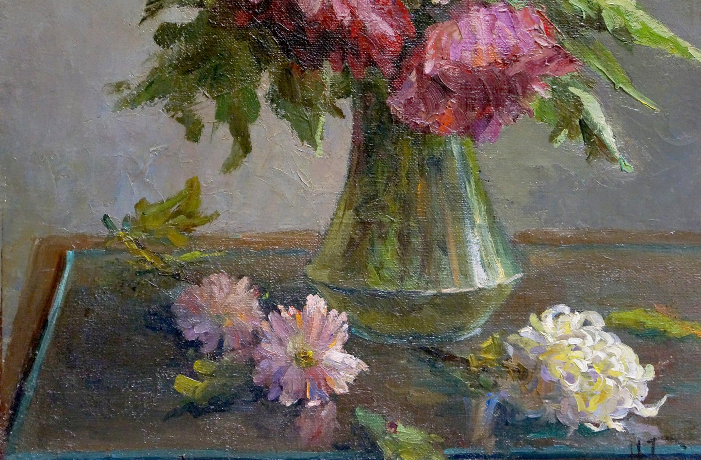 Oil painting of pink red peonies in green vase by Barsamov Nikolay Stepanovich