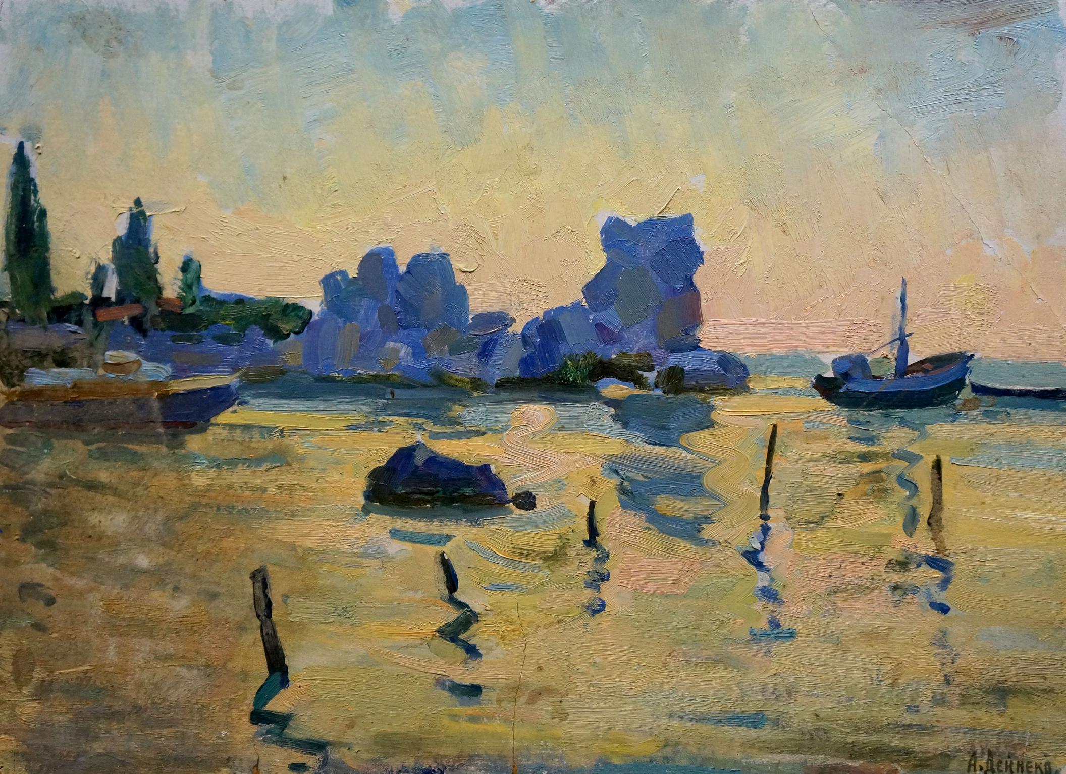 Serene impressionist oil painting of Deineka harbor at dusk on shore