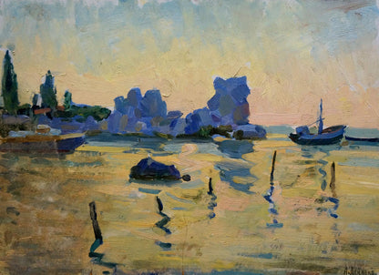 Serene impressionist oil painting of Deineka harbor at dusk on shore