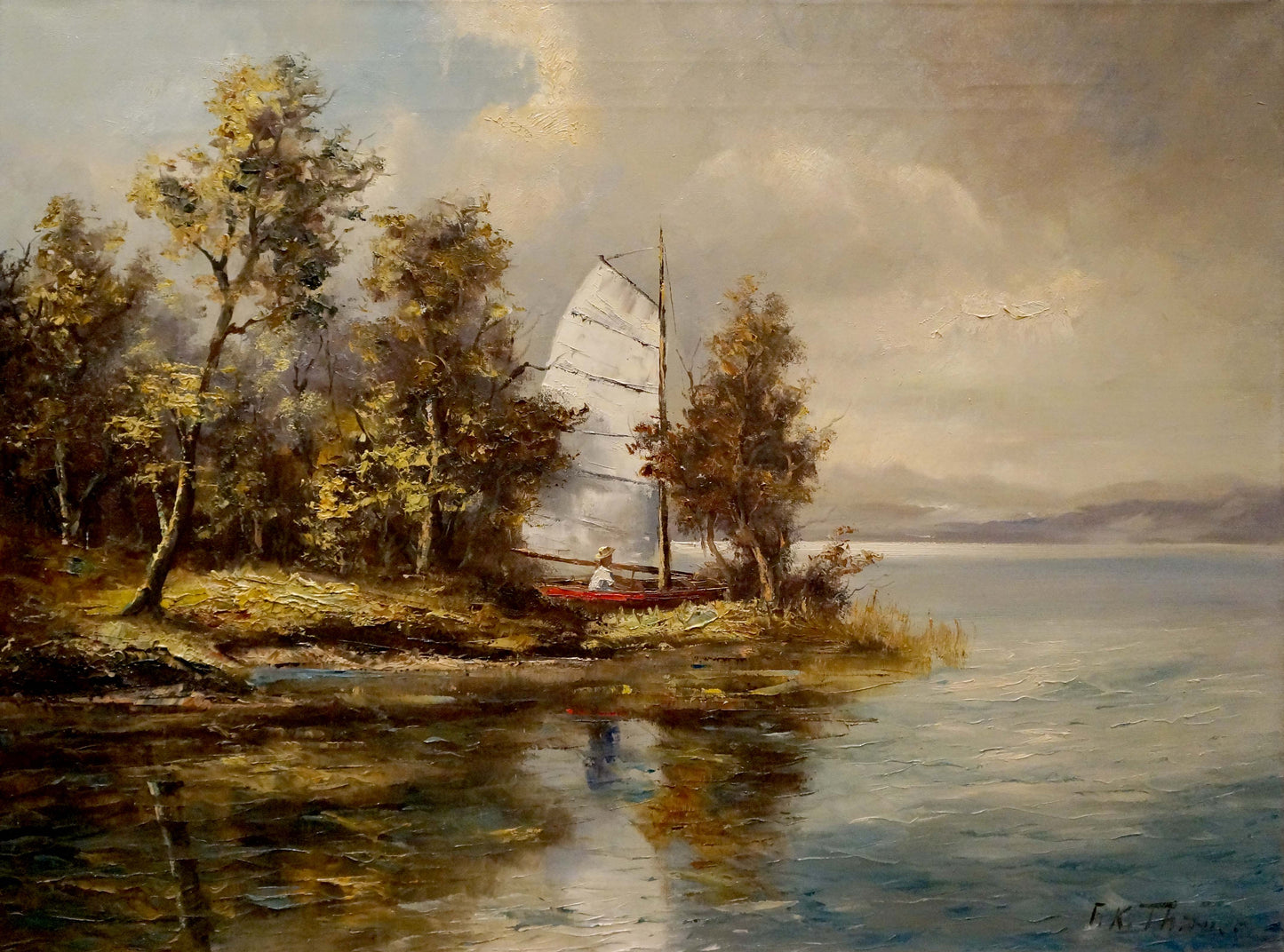 Oil painting of white-sailed red hull sailboat near tree-lined shore