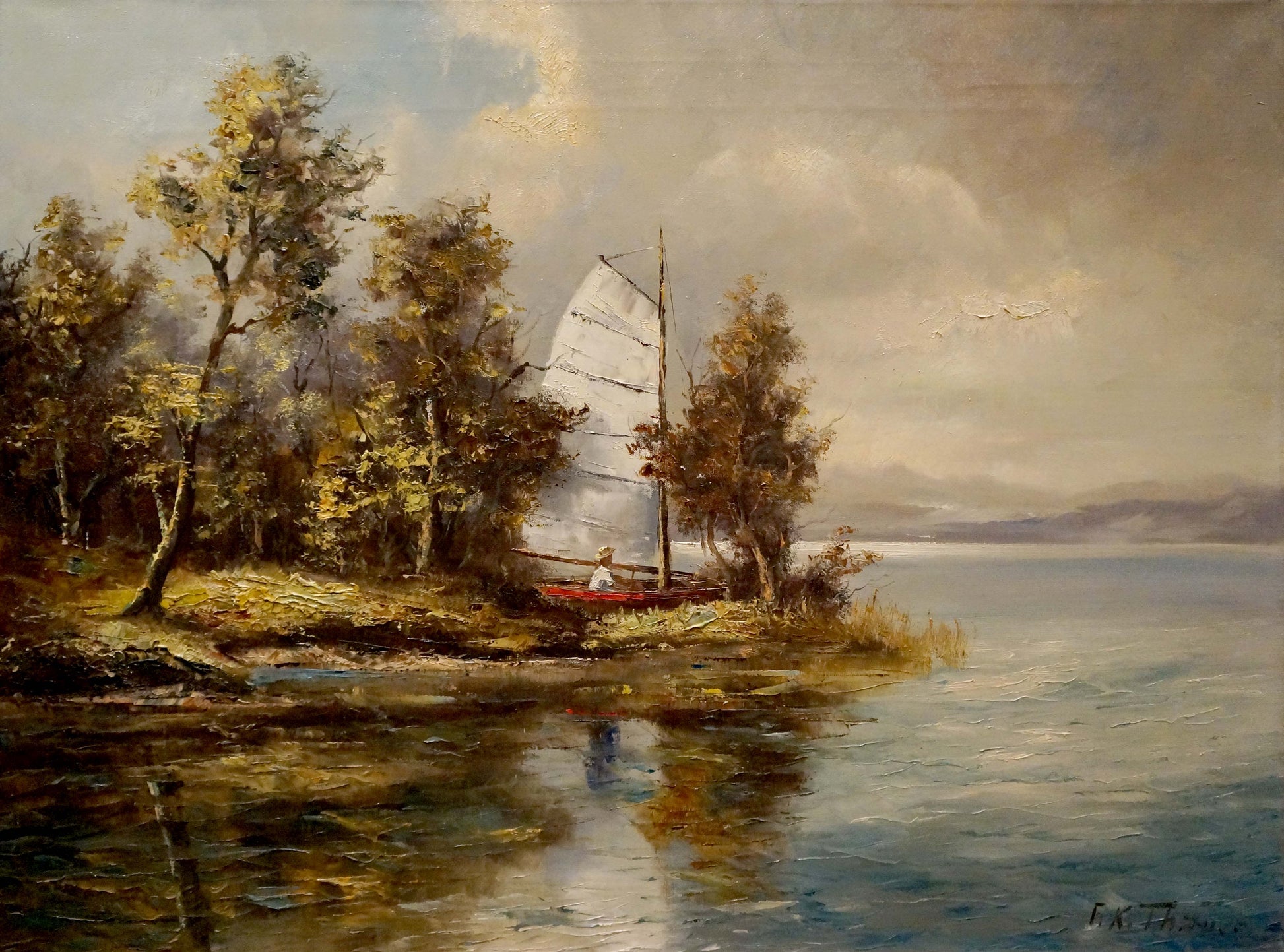 Oil painting of white-sailed red hull sailboat near tree-lined shore