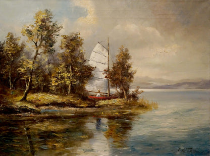 Oil painting of white-sailed red hull sailboat near tree-lined shore