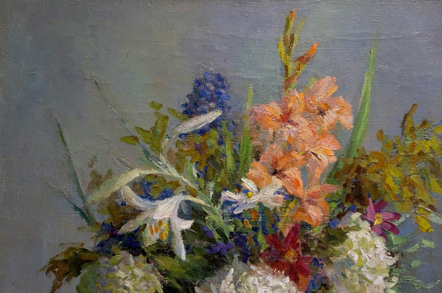 Oil painting of vibrant peach, blue and white flowers by Barsamov Nikolay Stepanovich