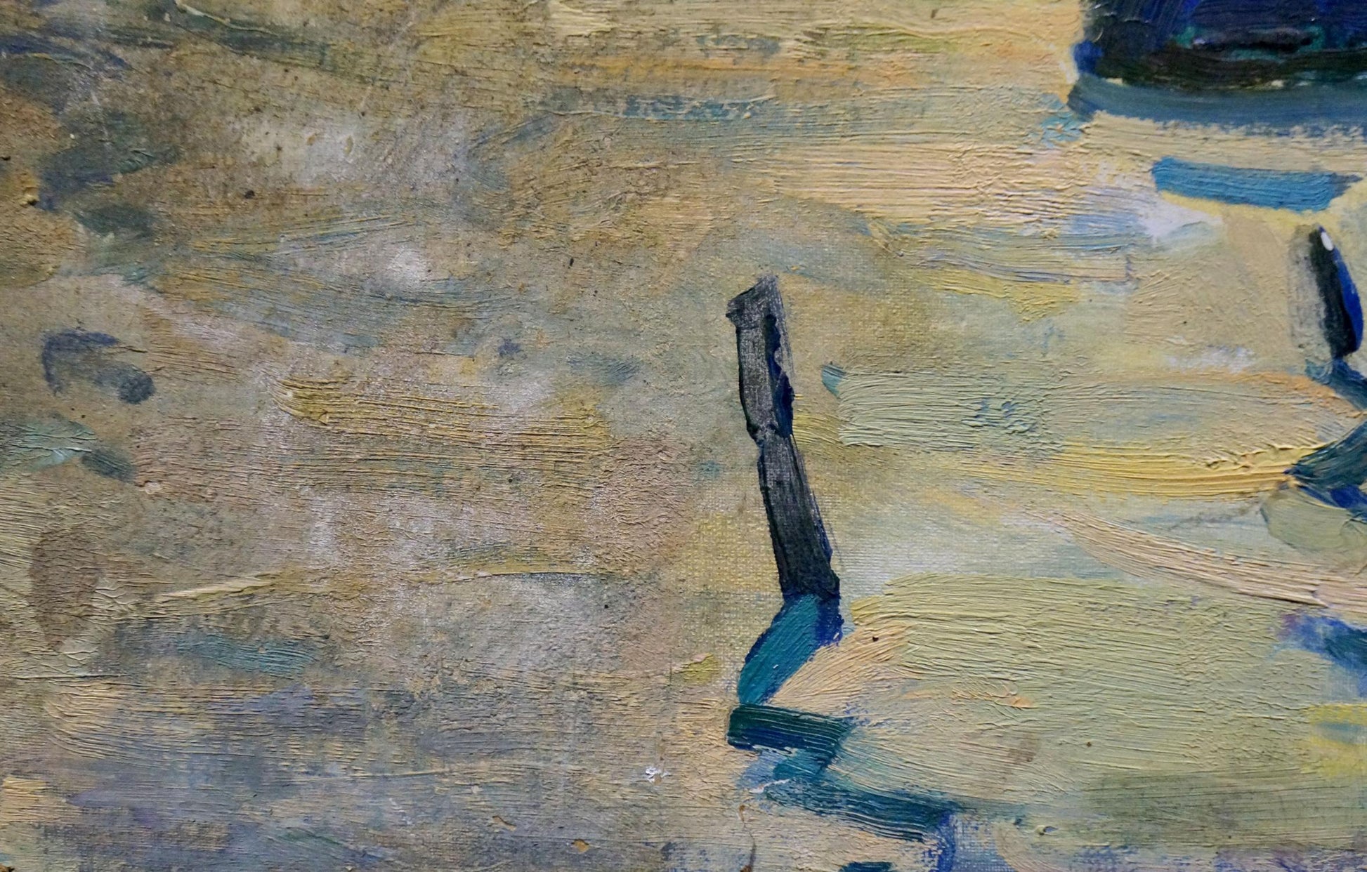Oil painting On the shore by Deineka Alexander Alexandrovich with bold yellow blue gray strokes