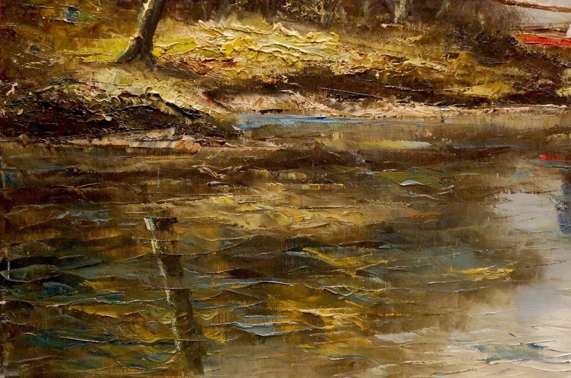 Textured oil painting of boat near shore on reflective river in golden tones