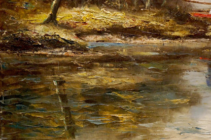 Textured oil painting of boat near shore on reflective river in golden tones