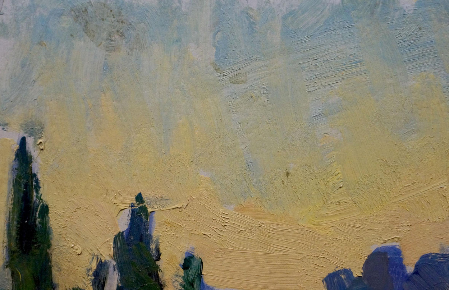 Oil painting On the Shore by Deineka Alexander Alexandrovich, yellow blue strokes, green tree silhouettes
