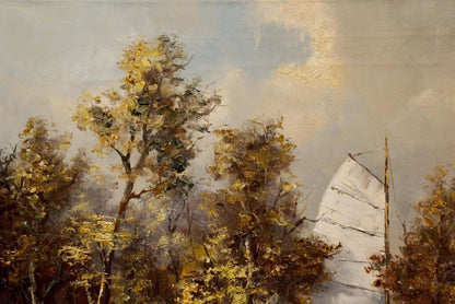 Oil painting of sailboat near shore with white sails, golden trees, cloudy sky
