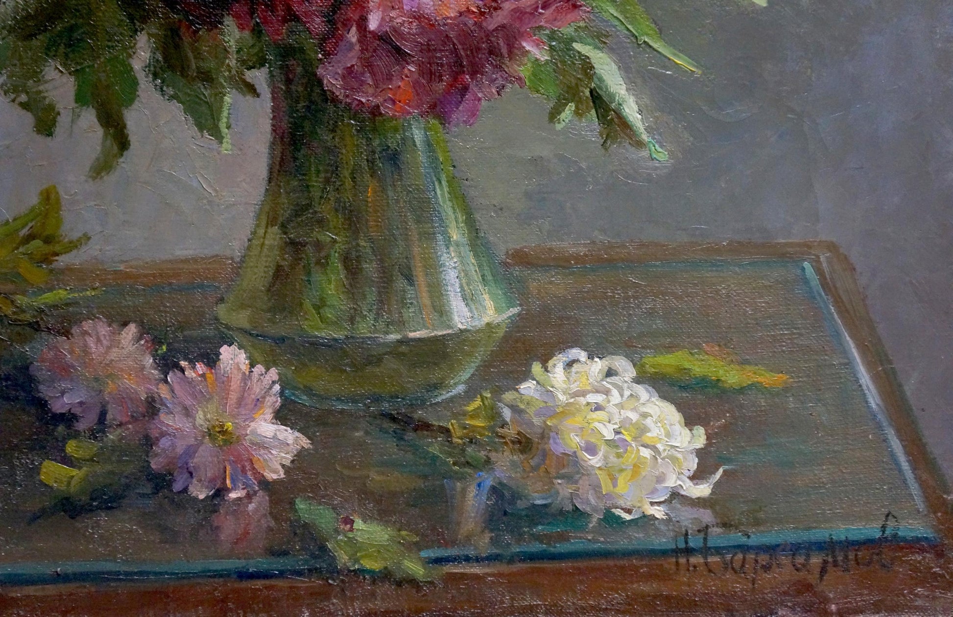 Oil painting of translucent green glass vase with pink purple flowers by Barsamov Nikolay Stepanovich