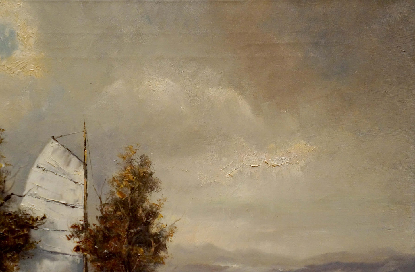 Impressionistic oil painting of white sailboat with tall mast near shore under cloudy sky