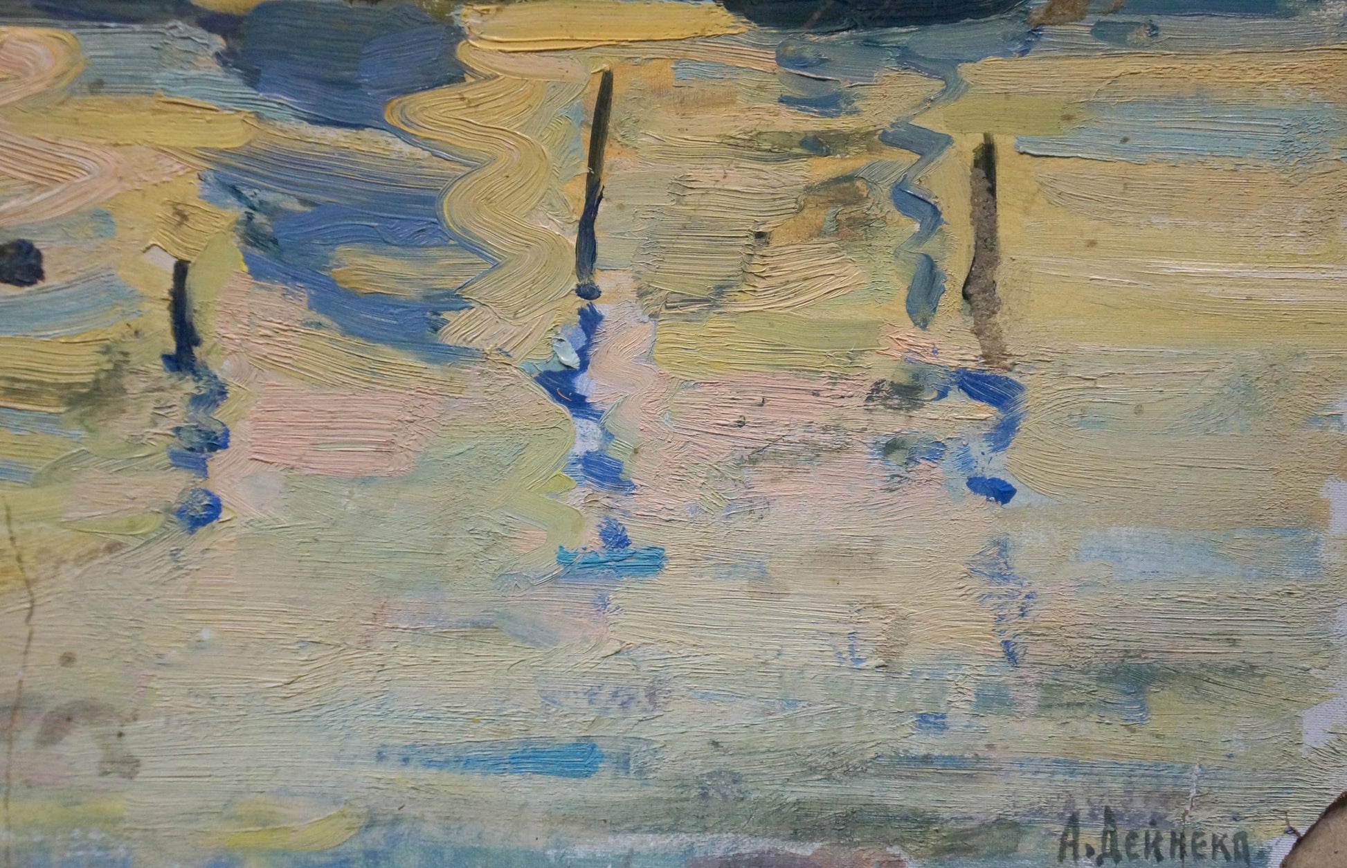 Abstract impressionistic oil painting On the Shore by Deineka in blue, yellow, pink
