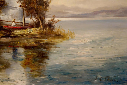 Serene impressionist oil painting of boat near lakeside shore with mountains