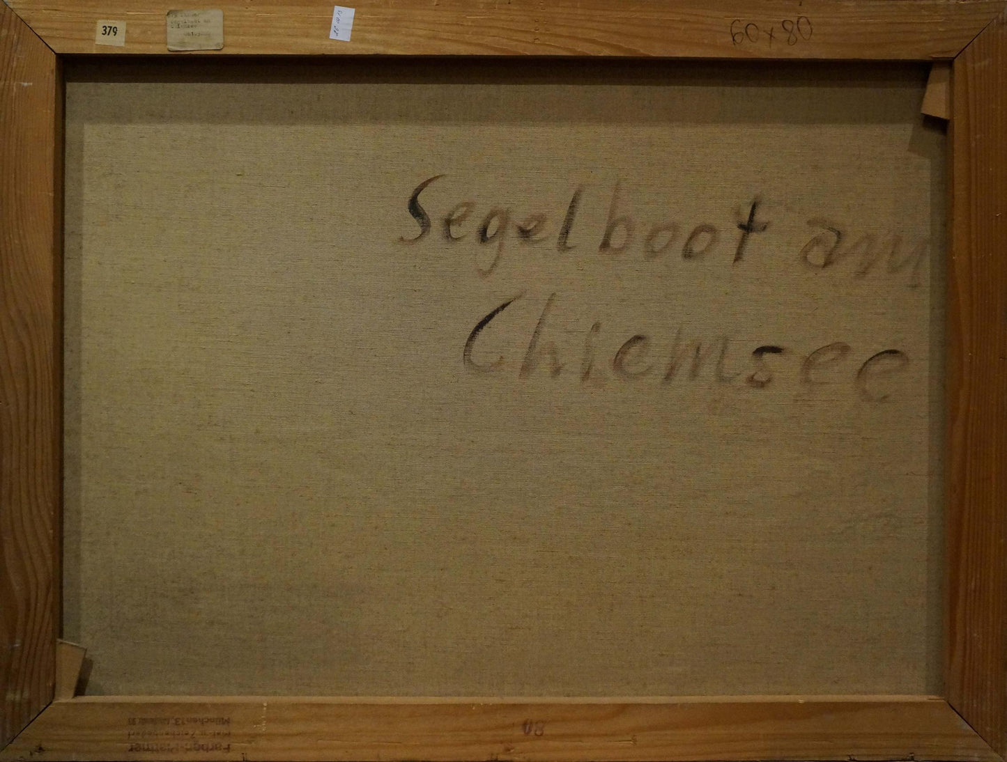 Back of Oil painting Boat near the shore canvas with handwritten linen text