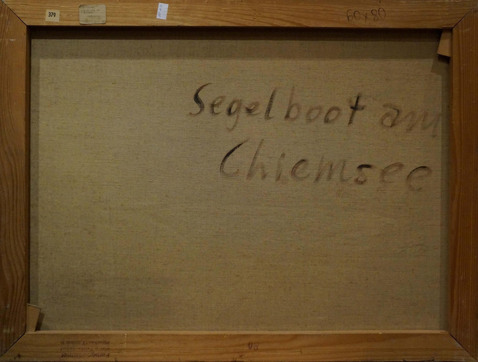 Back of Oil painting Boat near the shore canvas with handwritten linen text