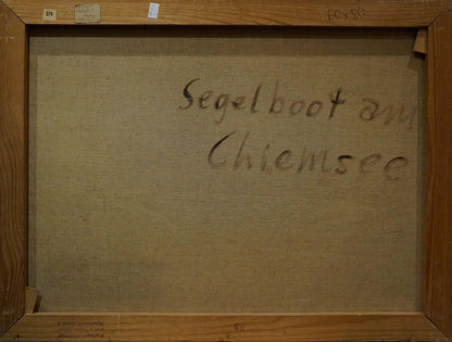 Back of Oil painting Boat near the shore canvas with handwritten linen text