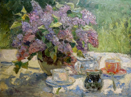 Oil painting of lush lilac bouquet in green vase by Naumova Tamara Sergeevna