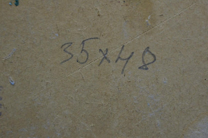 Back of Deineka oil painting with handwritten 35x48in on beige cardboard