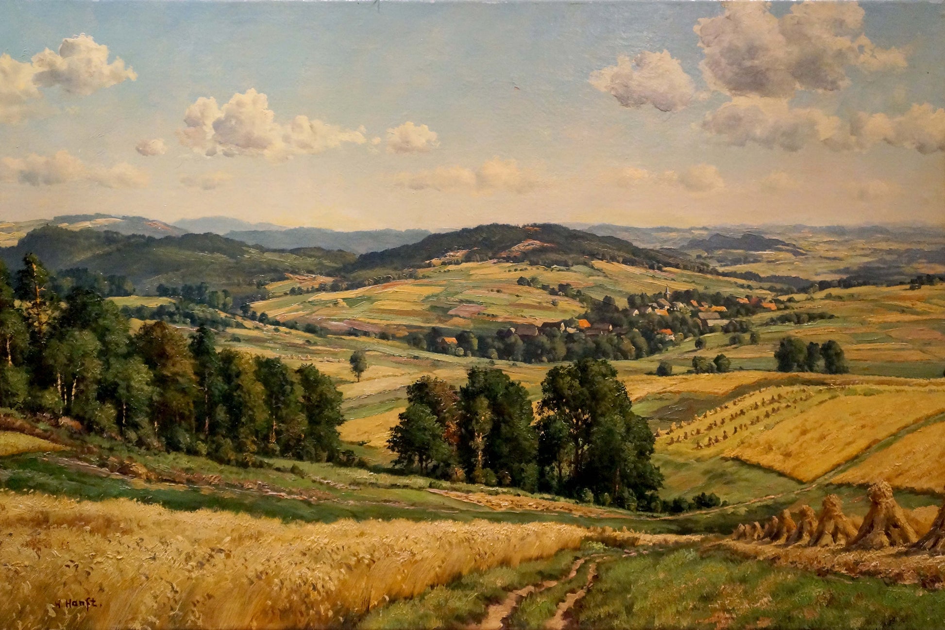 Oil painting landscape with field: golden fields, green trees, distant hills, blue sky