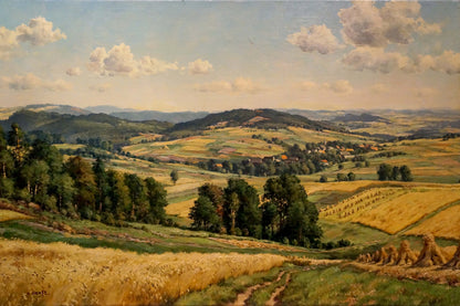Oil painting landscape with field: golden fields, green trees, distant hills, blue sky