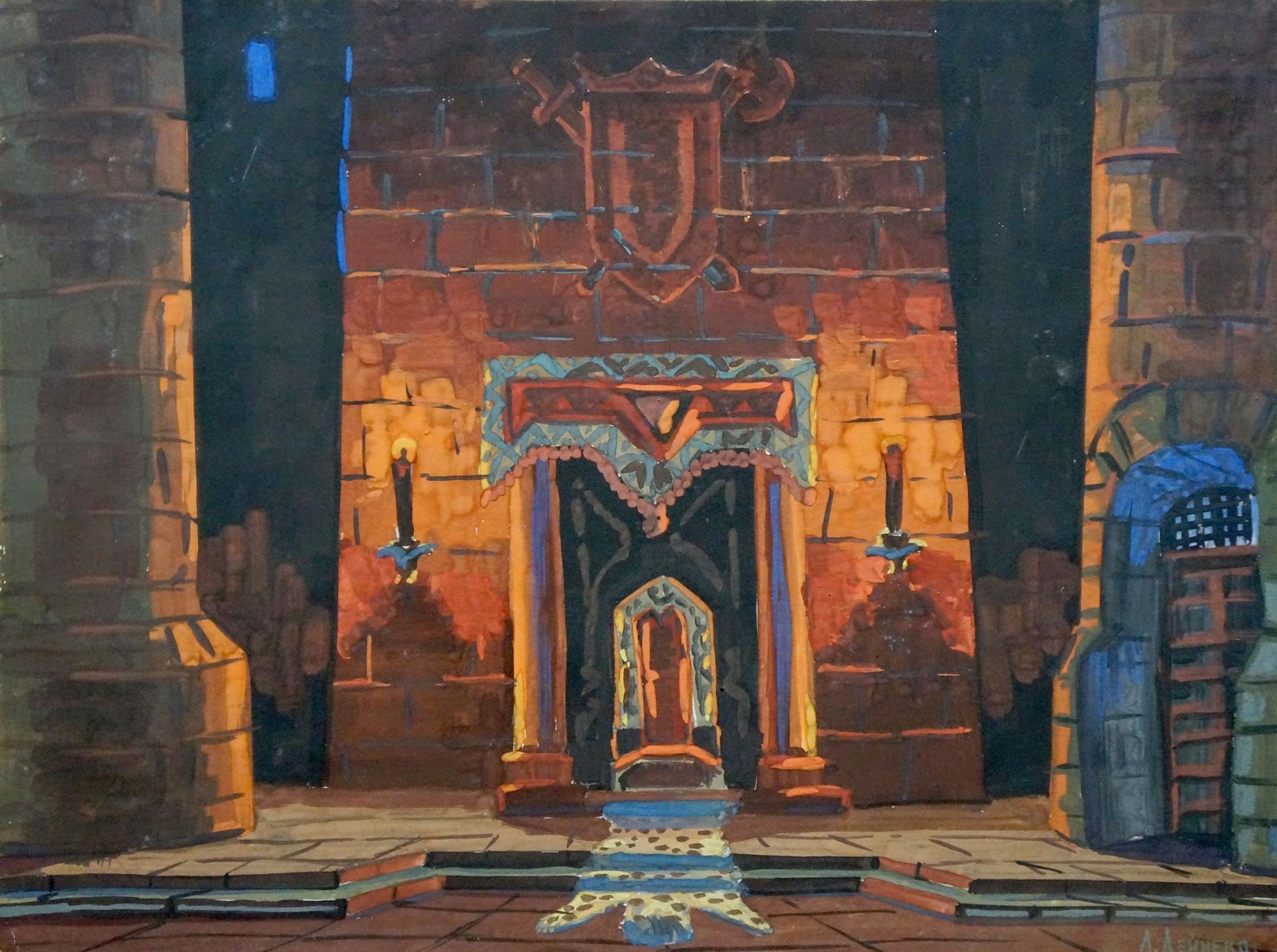 Ornate stone castle entrance archway with red gold crest by Deineka
