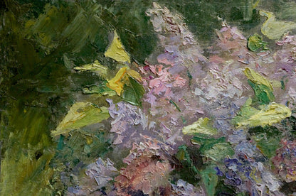 Textured oil painting of lush floral tea party by Naumova Tamara Sergeevna