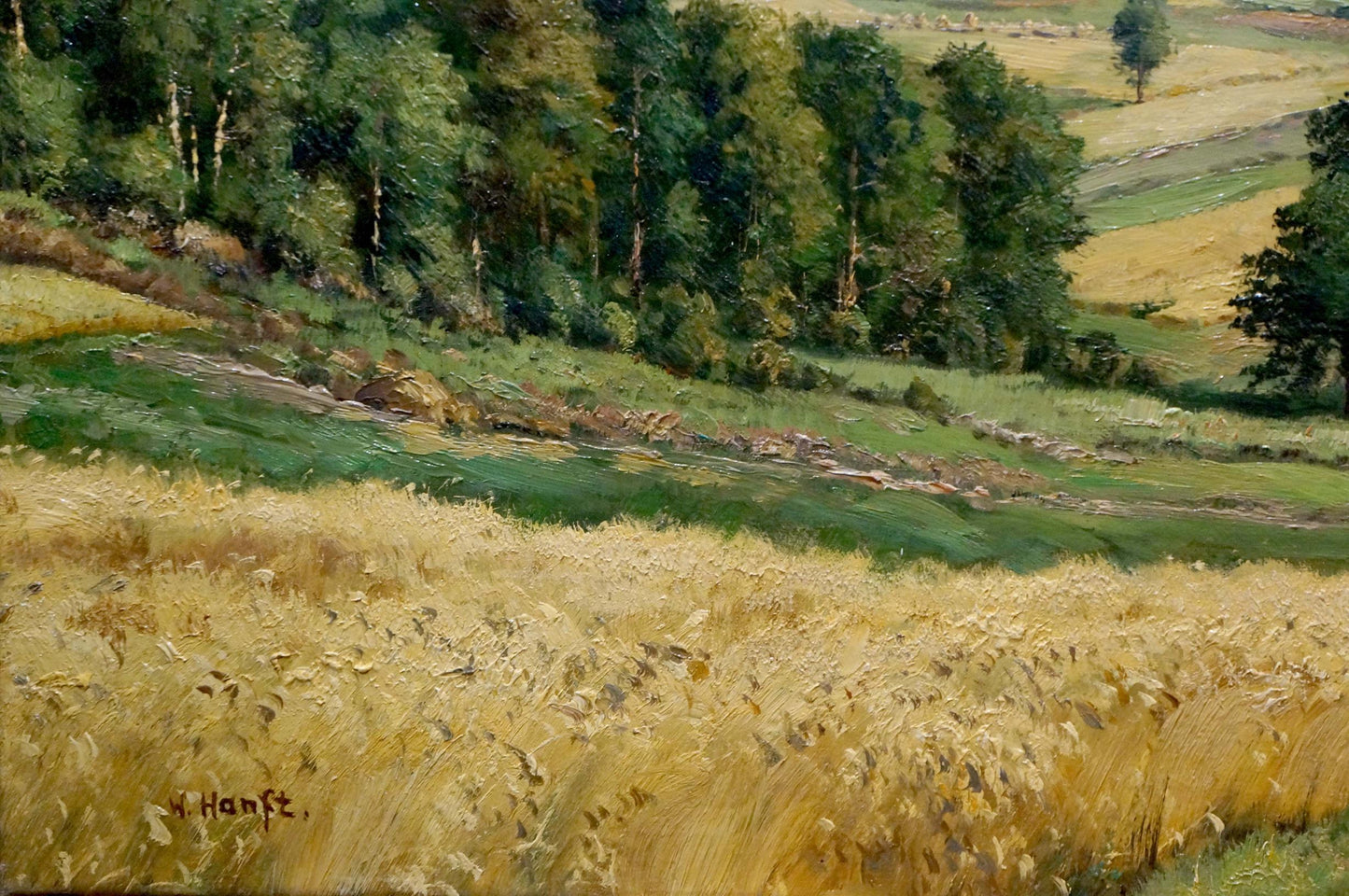 Serene oil painting of golden wheat field and green trees in soft light