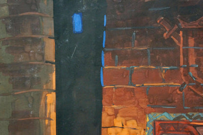 Abstract Deineka painting of castle entrance with blue strip and brick patterns