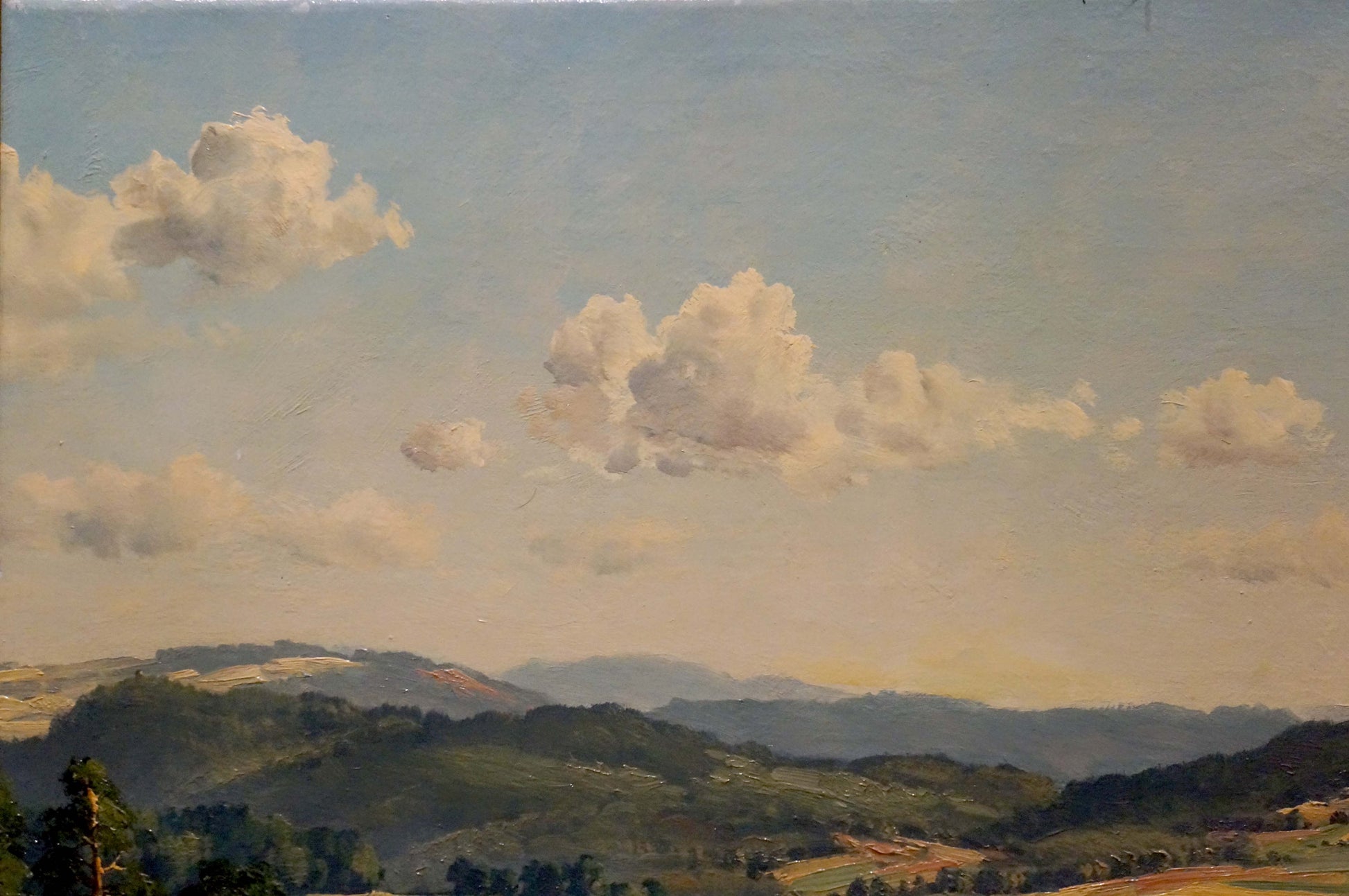 Oil painting landscape with field: serene green hills under blue sky with clouds